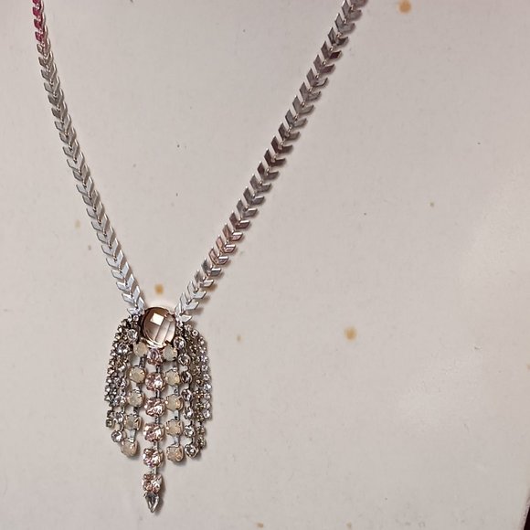 Express Silver Art Nouveau Statement Necklace with Crystal and Rhinestone Fringe - Picture 3 of 10